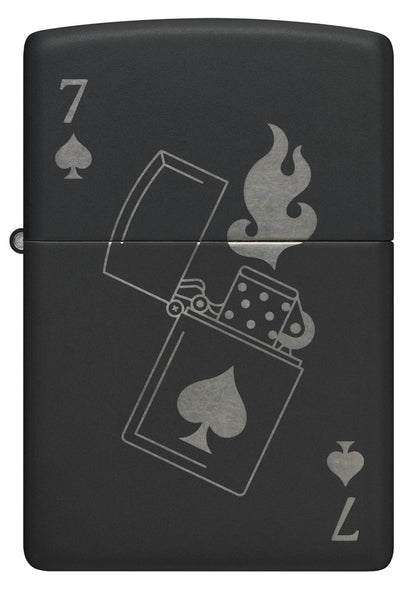 Front view of Zippo Lucky 7 Design Black Matte With Chrome Windproof Lighter.