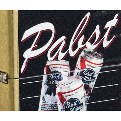 Front view of Zippo Pabst Blue Ribbon® American Classic Design Street Brass Windproof Lighter close up to show the detail of the lighter.