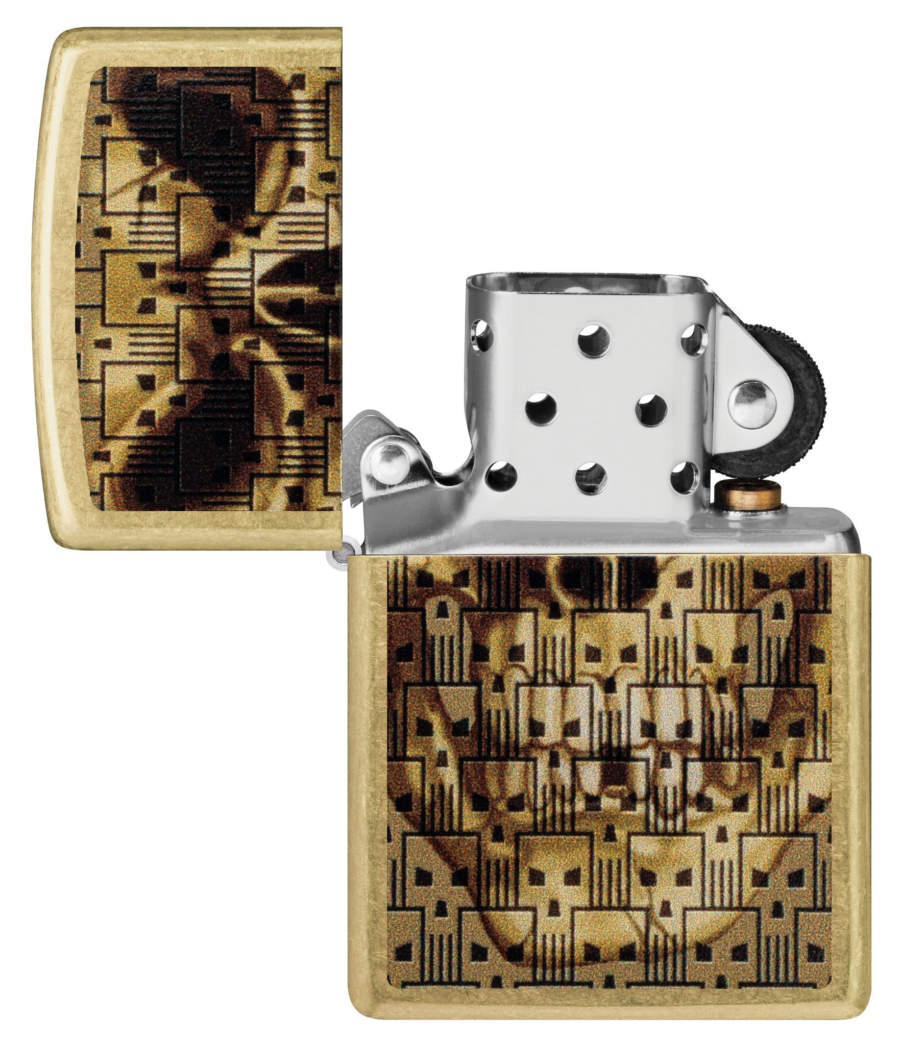 Zippo Skulls on Skulls Design Street Brass Windproof Lighter with its lid open and unlit.