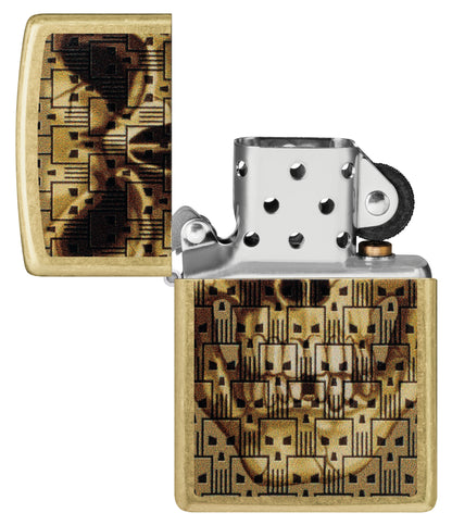 Zippo Skulls on Skulls Design Street Brass Windproof Lighter with its lid open and unlit.