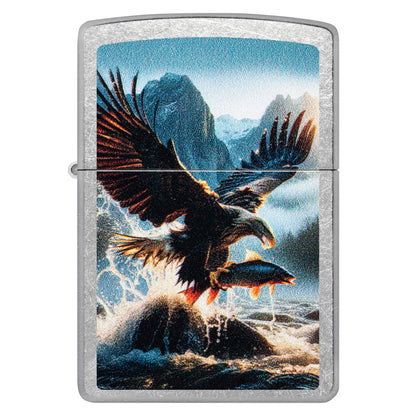 Front view of Zippo Catch of the Day Design Street Chrome Windproof Lighter.
