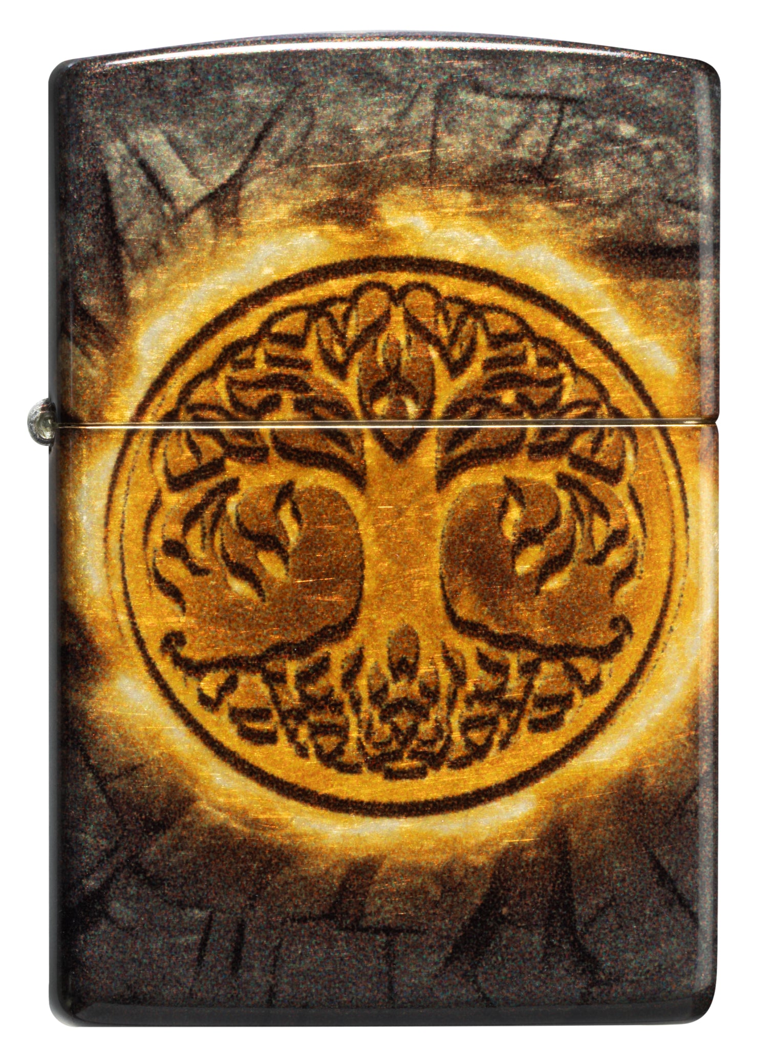 Front view of Zippo Gleaming Tree of Life Design 540 Tumbled Brass Windproof Lighter.