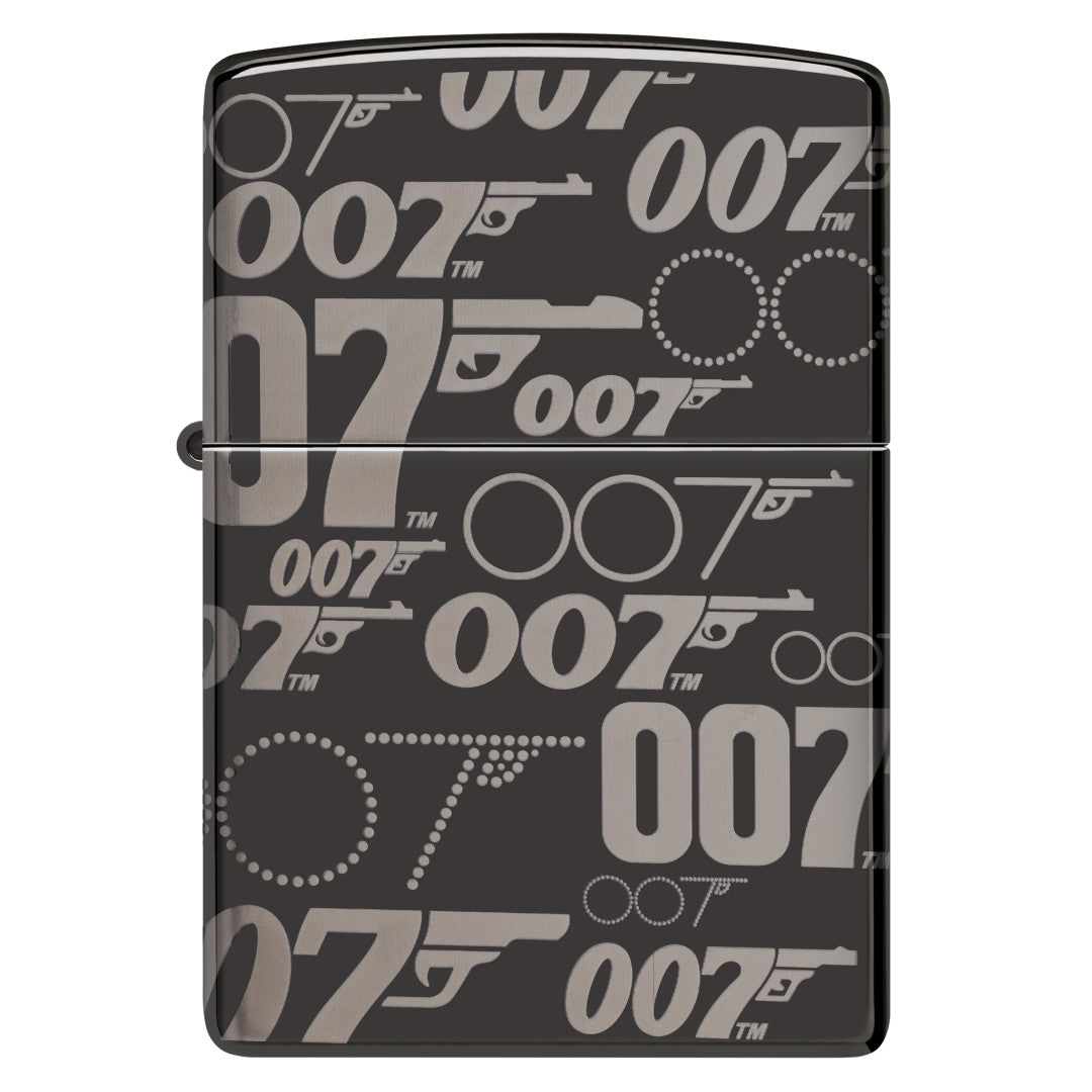 Front view of Zippo James Bond 007™ Logo Design High Polish Black Windproof Lighter.