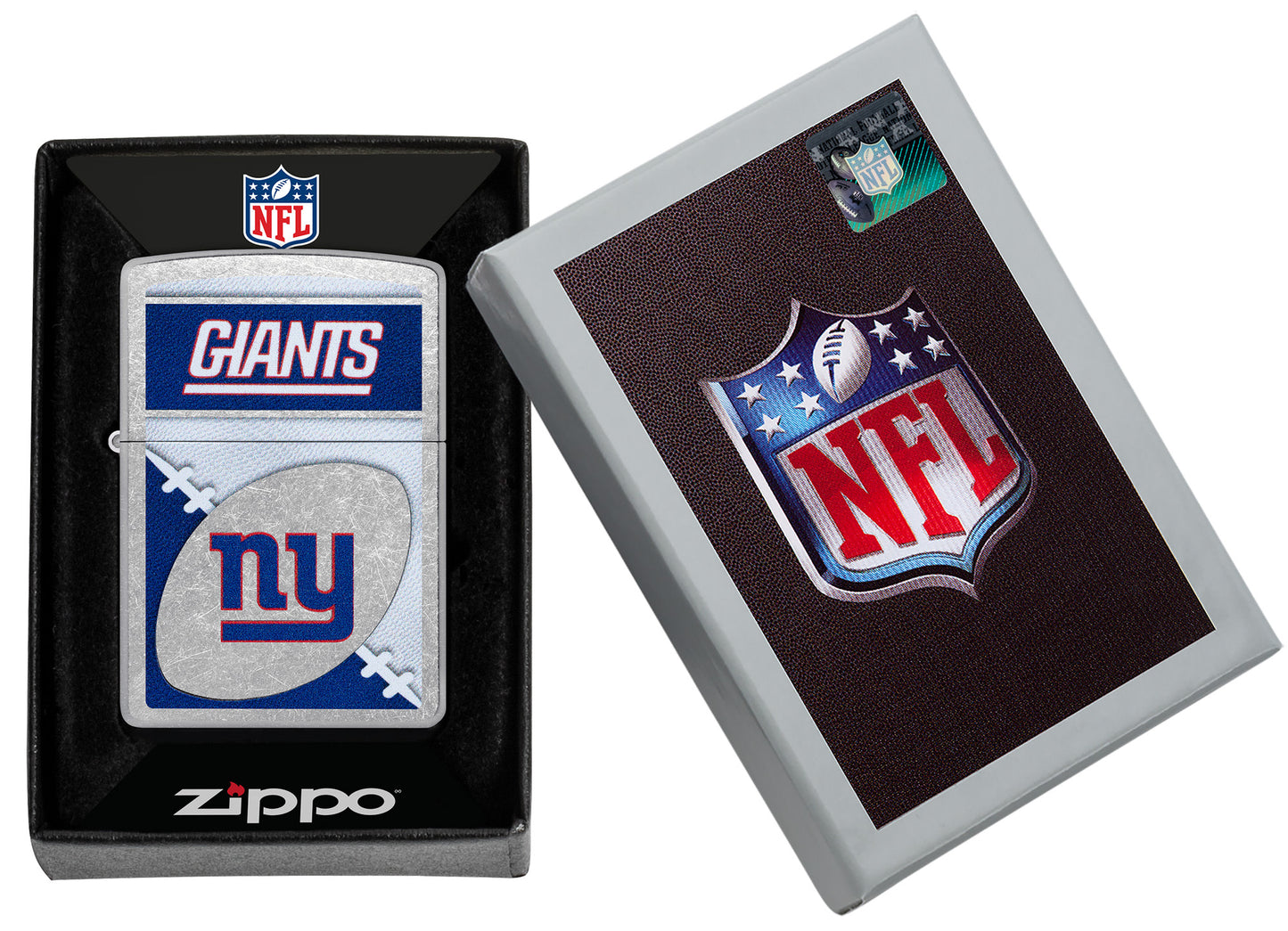 Zippo NFL New York Giants Street Chrome Windproof Lighter in its packaging.