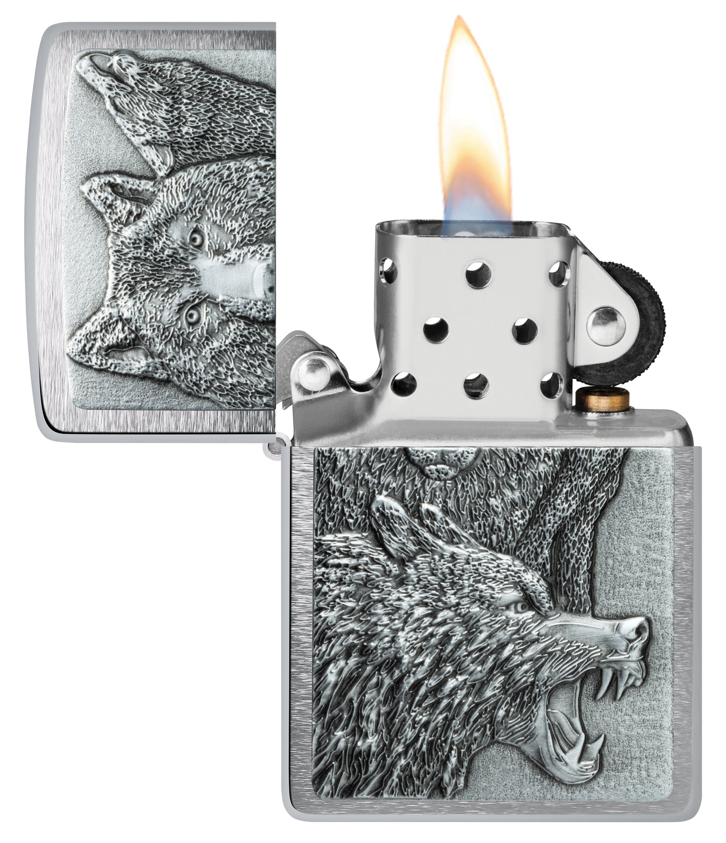 Zippo Wolf Pack Emblem Brushed Chrome Windproof Lighter with its lid open and lit.