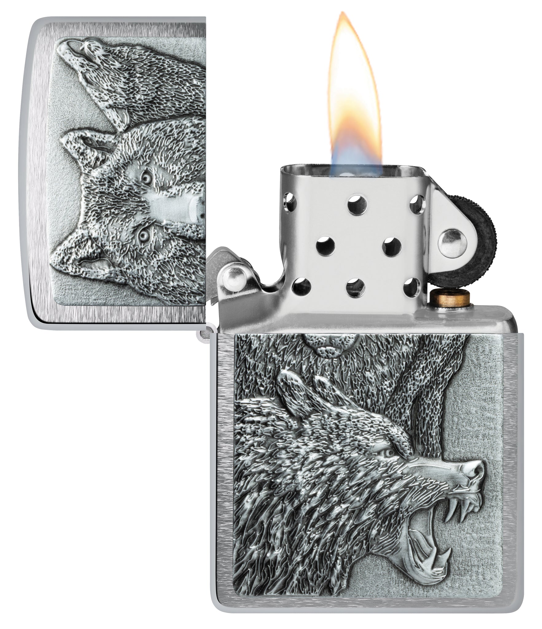 Zippo Wolf Pack Emblem Brushed Chrome Windproof Lighter with its lid open and lit.