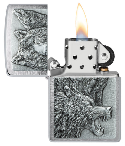 Zippo Wolf Pack Emblem Brushed Chrome Windproof Lighter with its lid open and lit.