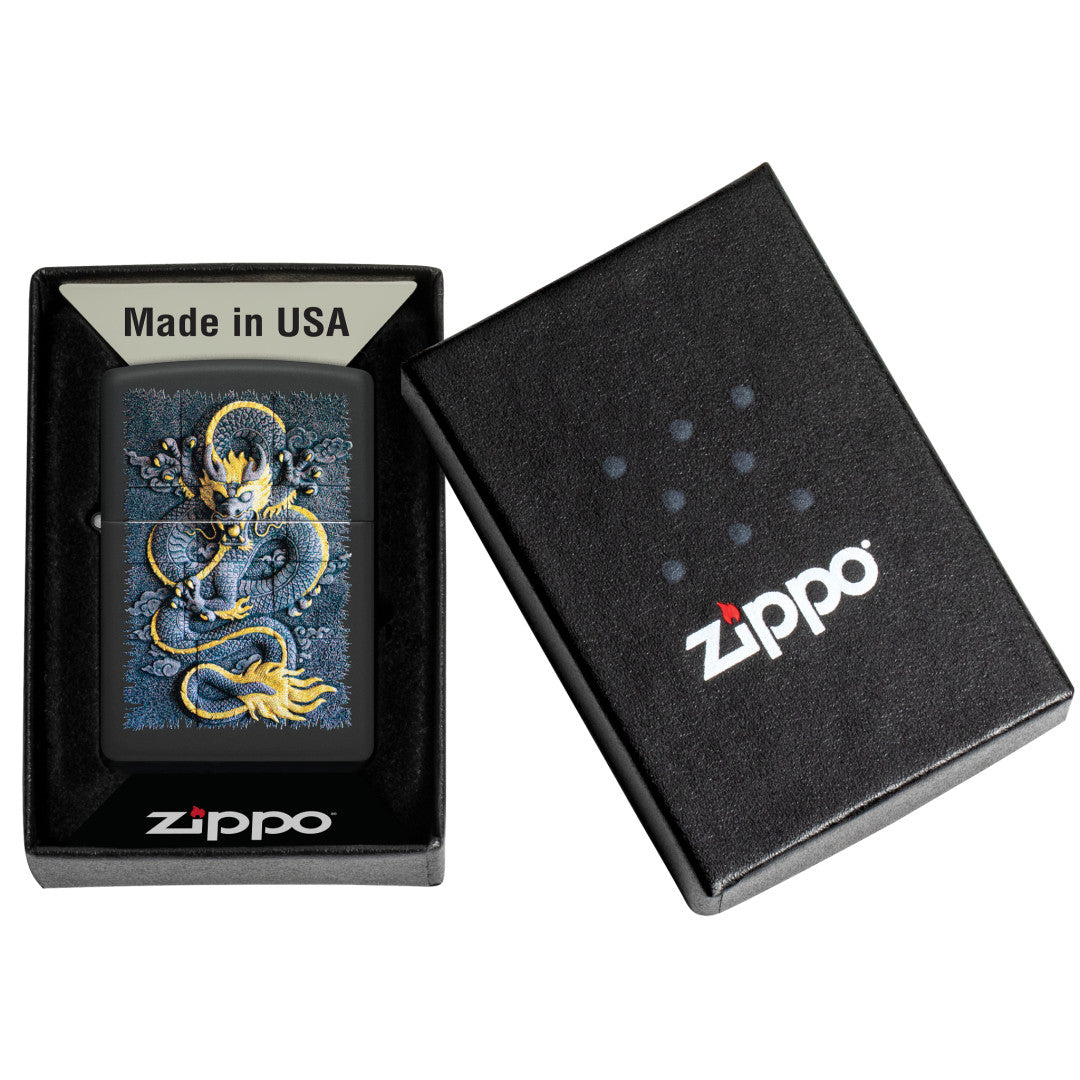 Zippo Stone Dragon Design Black Matte Windproof Lighter in its packaging.