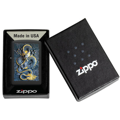 Zippo Stone Dragon Design Black Matte Windproof Lighter in its packaging.