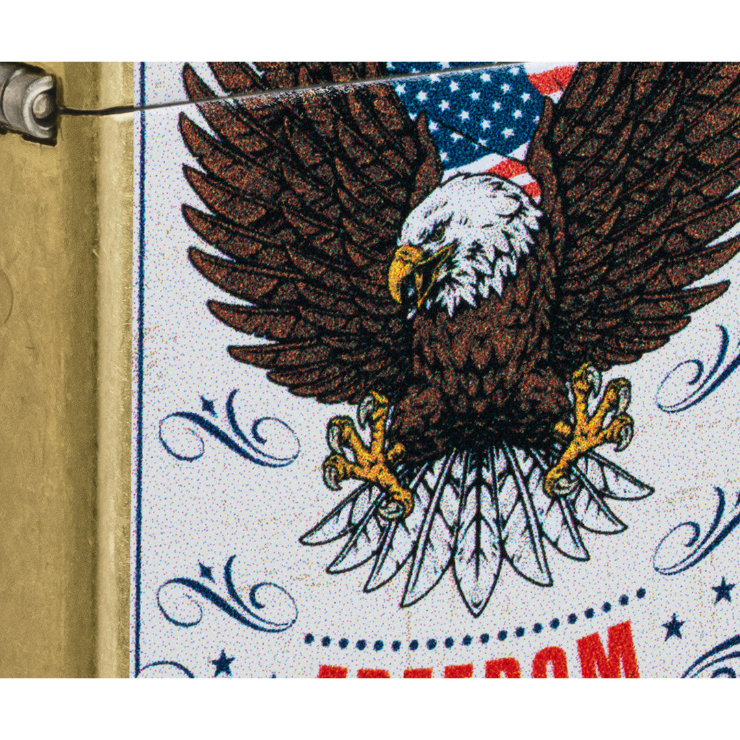 Front view of Zippo Soaring Freedom Design Street Brass Windproof Lighter close up to show the detail of the lighter.