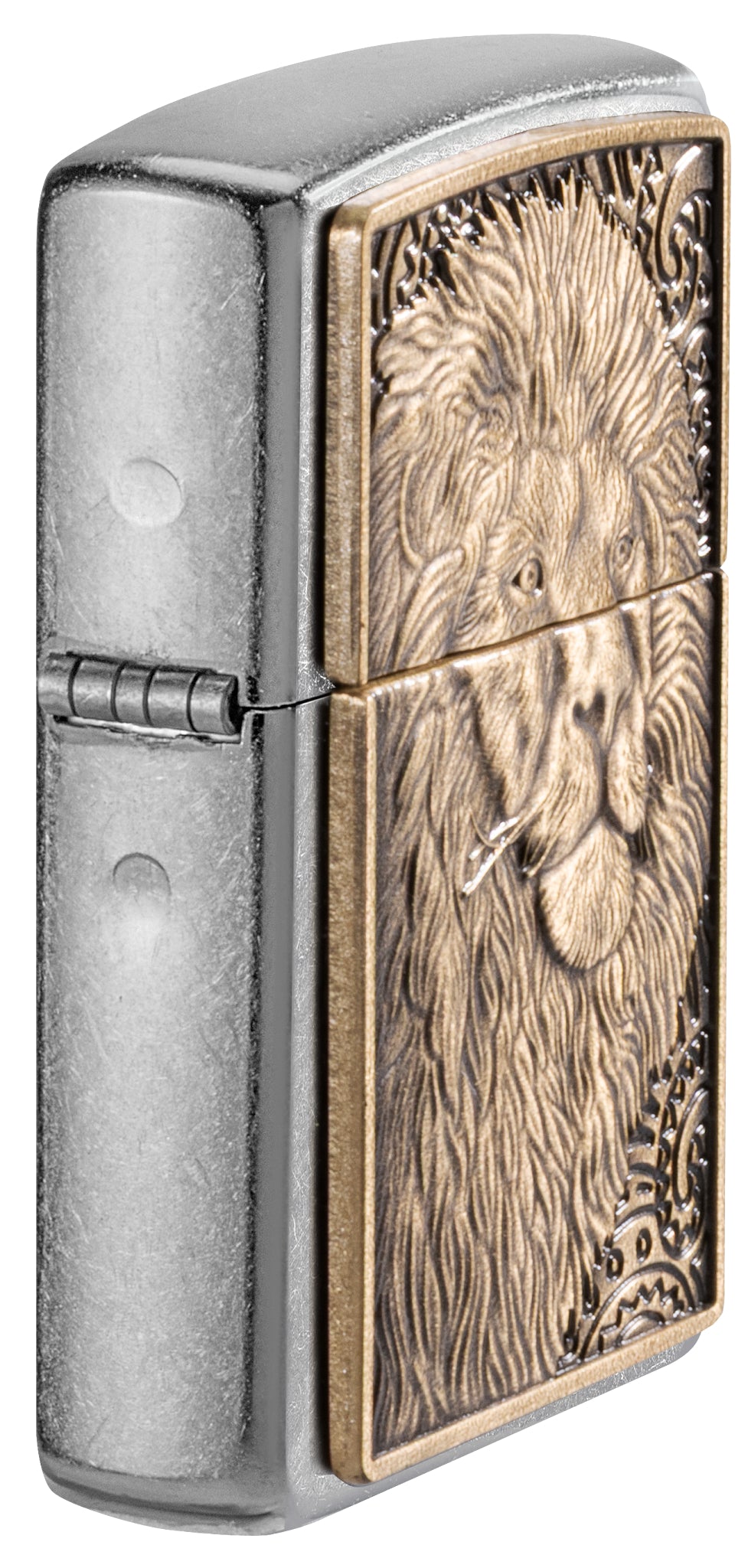 Front view of Zippo Lion Emblem Street Chrome Windproof Lighter standing at an angle, showing the emblem.
