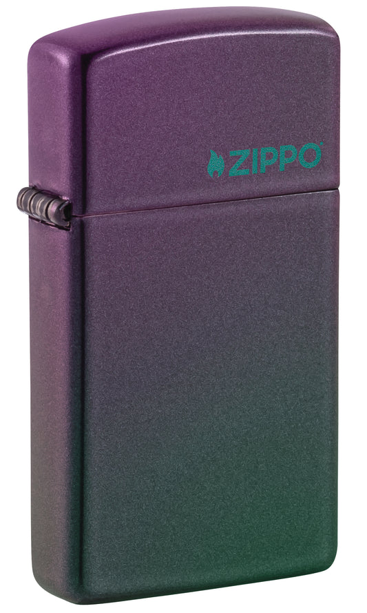Front shot of Slim® Iridescent Zippo Logo Windproof Lighter standing at a 3/4 angle.