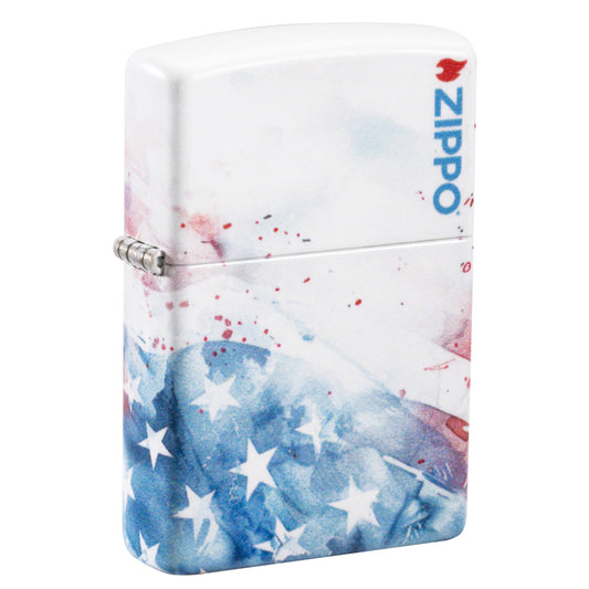 Front shot of Zippo Watercolor Flag Design 540 Matte Windproof Lighter standing at a 3/4 angle.
