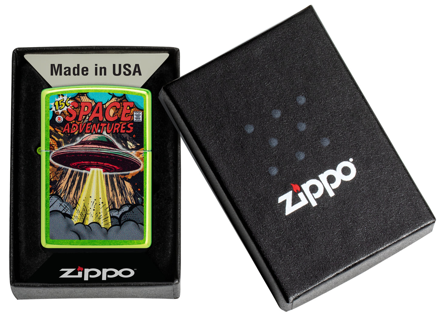 Zippo Space Adventures Design Classic Lurid Windproof Lighter in its packaging.