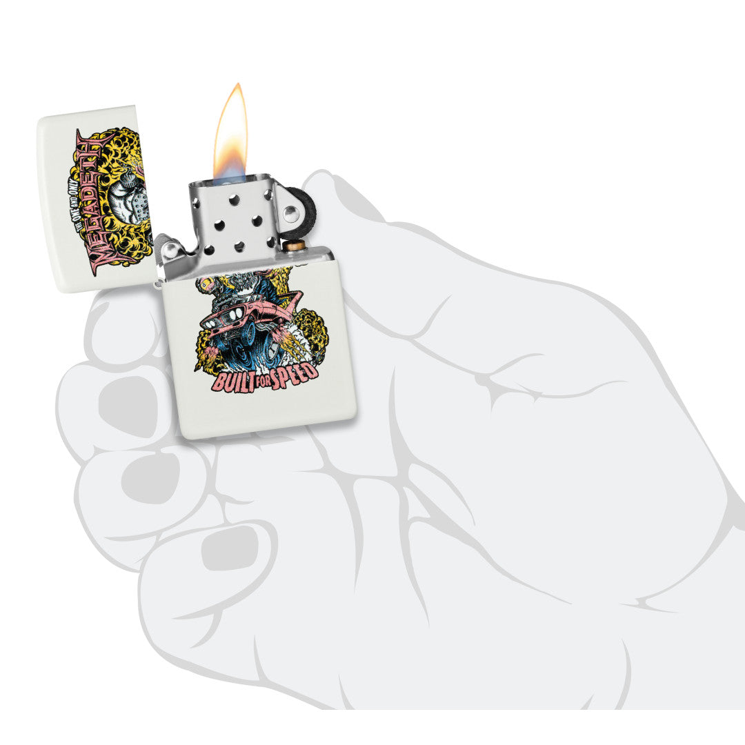 Zippo Megadeth Built for Speed Design White Matte Windproof Lighter  lit in hand.