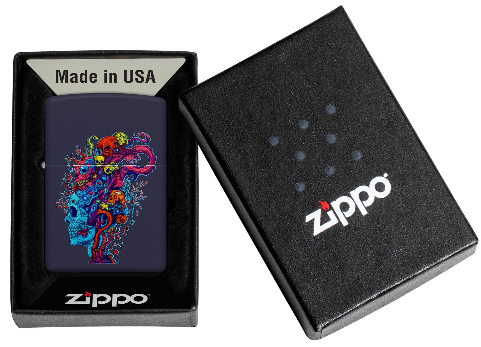 Zippo Skull Reef Design Navy Matte Windproof Lighter in its packaging.
