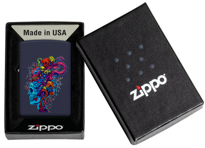 Zippo Skull Reef Design Navy Matte Windproof Lighter in its packaging.