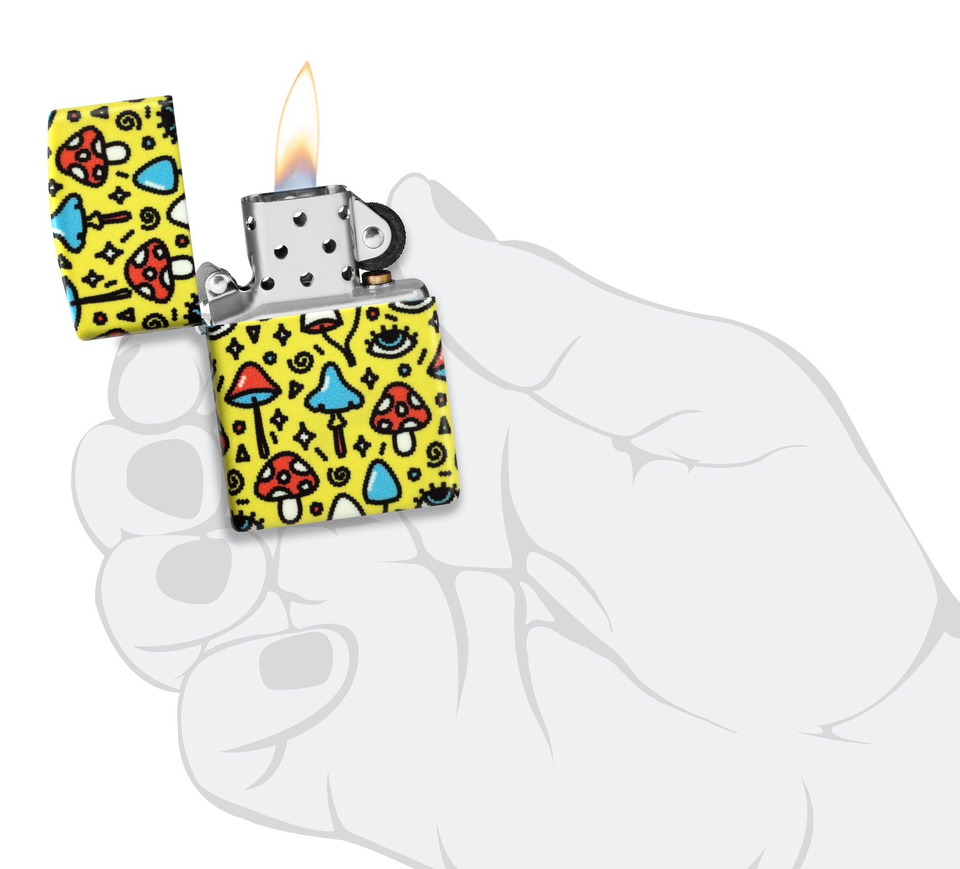 Zippo Eye Spy Design Glow-in-the-Dark Green Windproof Lighter lit in hand.
