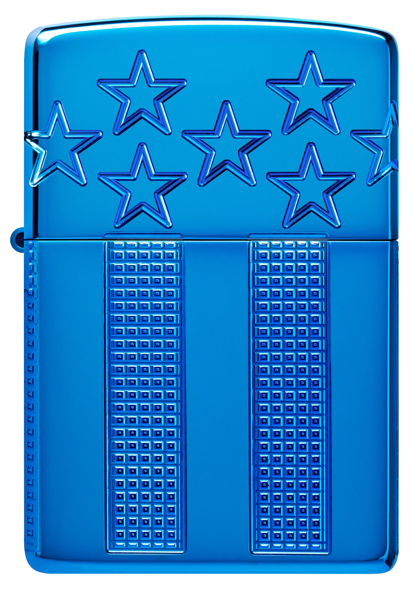 Front view of Zippo Stars and Stripes Design Armor® High Polish Blue Windproof Lighter.