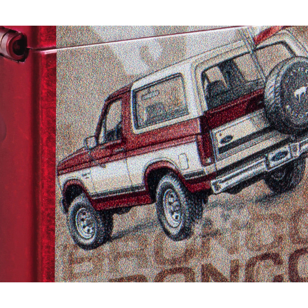Front view of Zippo Ford Bronco Flag Design Candy Apple Red Windproof Lighter close up to show the detail of the lighter.