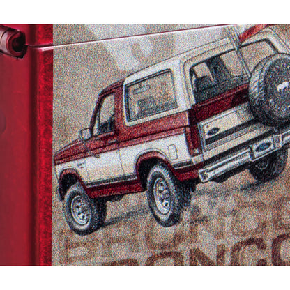 Front view of Zippo Ford Bronco Flag Design Candy Apple Red Windproof Lighter close up to show the detail of the lighter.