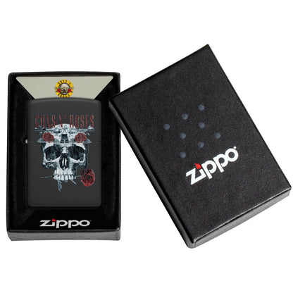 Zippo Guns N' Roses Flower Skull Design Black Matte Windproof Lighter in its packaging.