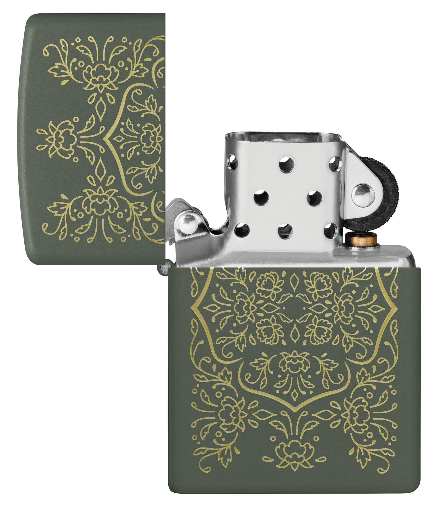 Zippo Floral Mandala Design Green Matte Windproof Lighter with its lid open and unlit.
