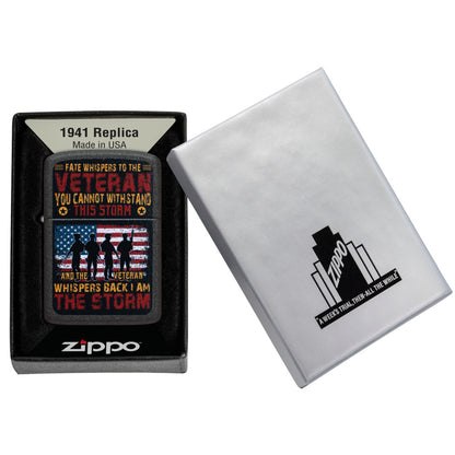 Zippo I am the Storm Design 1941 Replica Black Crackle® Windproof Lighter in its packaging.