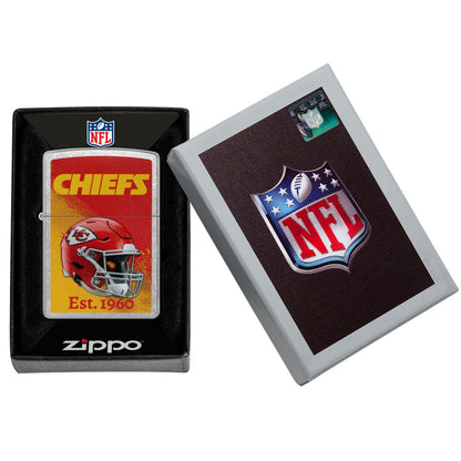 Zippo NFL Kansas City Chiefs Helmet Design Street Chrome Windproof Lighter in its packaging.
