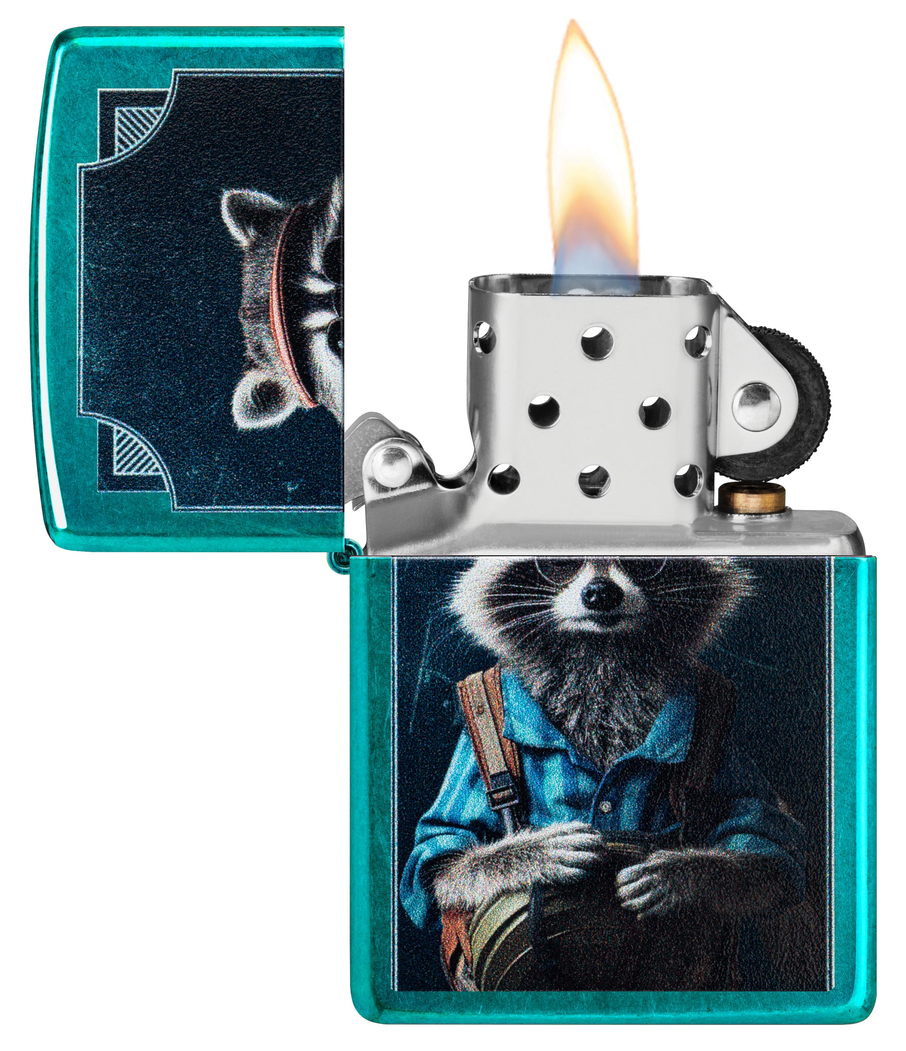Zippo Refined Raccoon Design Translucent Candy Teal Windproof Lighter with its lid open and lit.