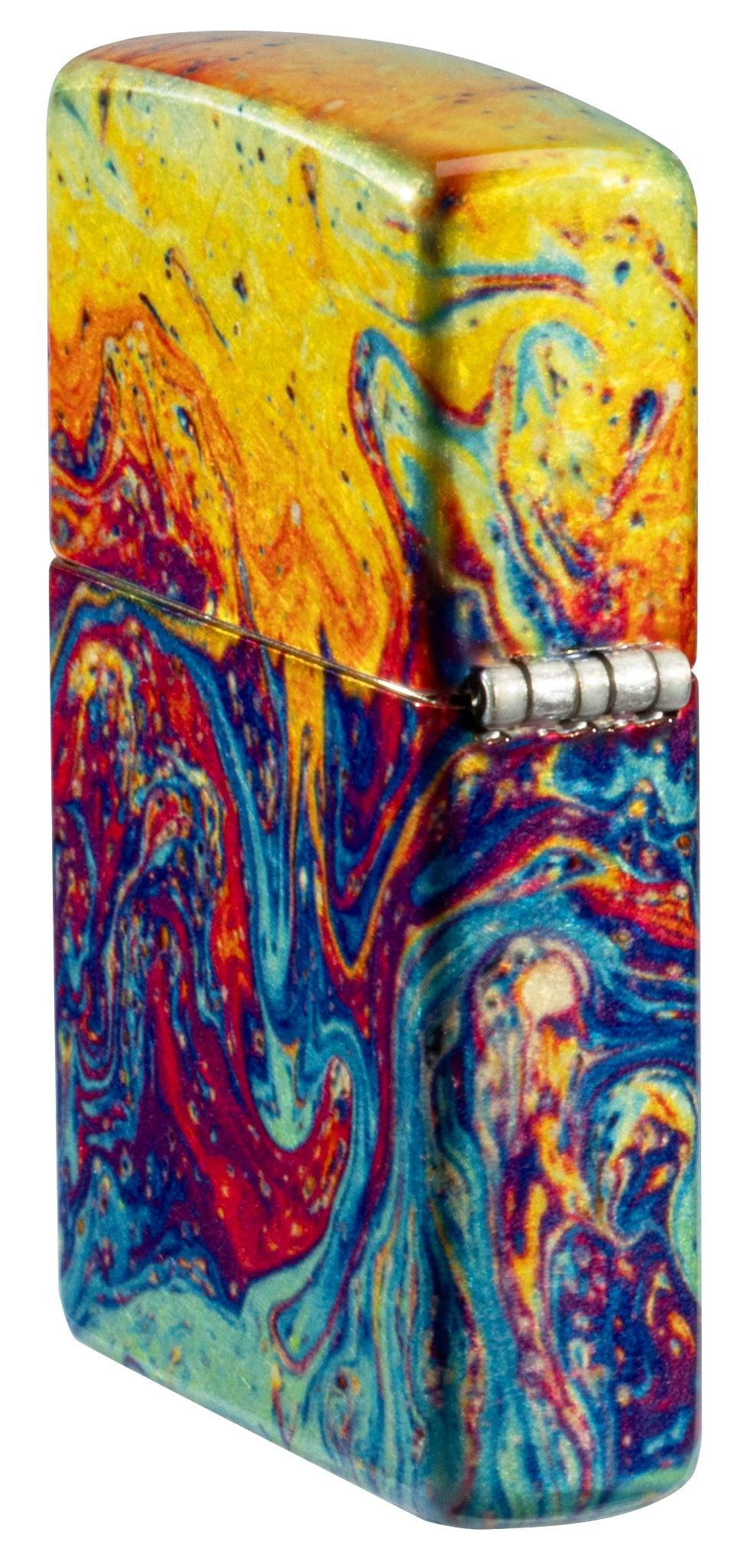 Angled shot of  Zippo Magma Fusion Design 540 Tumbled Brass Windproof Lighter showing the back and hinge side of the lighter.