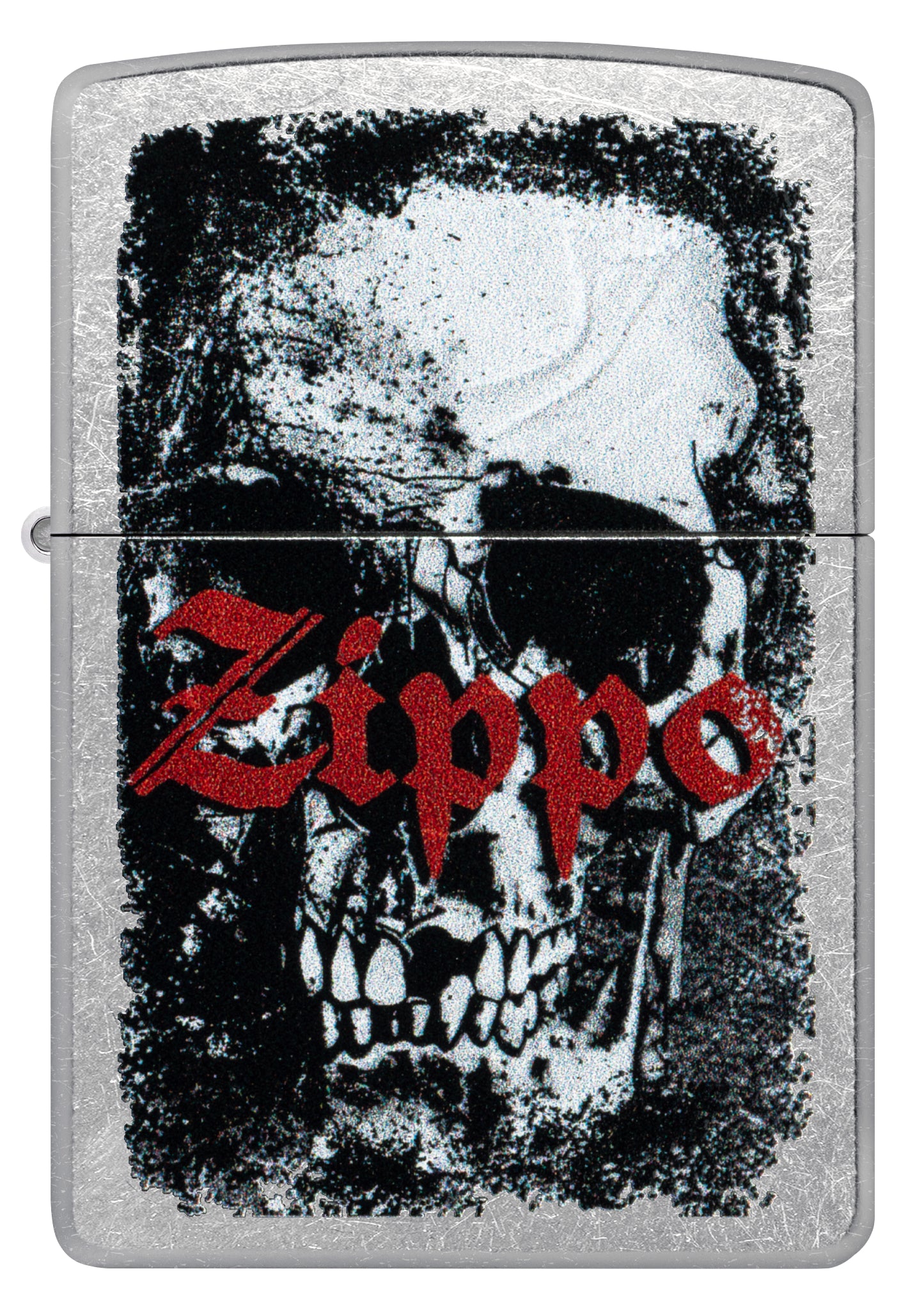 Front view of Zippo Skull Design Street Chrome Windproof Lighter.