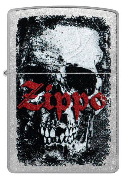 Front view of Zippo Skull Design Street Chrome Windproof Lighter.