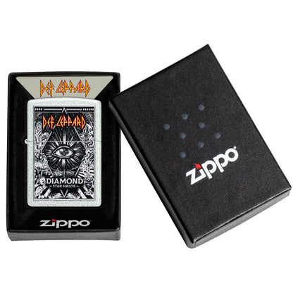 Zippo Def Leppard Diamond Star Halos Design Glacier Windproof Lighter in its packaging.