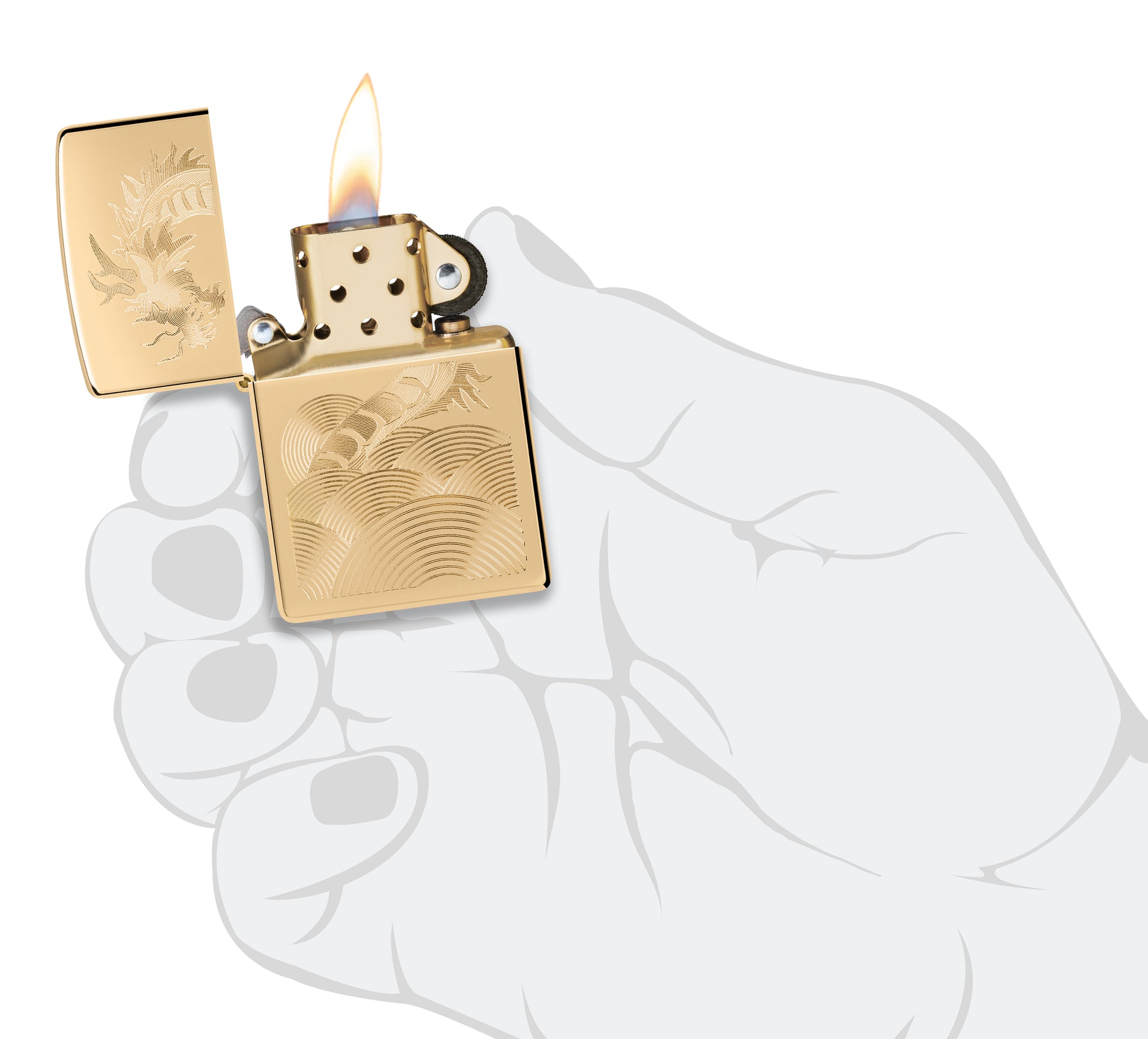 Zippo Golden Dragon Design High Polish Brass Windproof Lighter lit in hand.