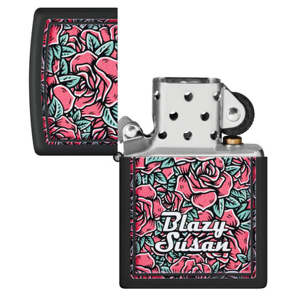 Zippo Blazy Susan Roses Design Black Matte Windproof Lighter with its lid open and unlit.