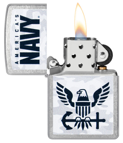 Zippo United States Navy® Camo Logo Design Street Chrome Windproof Lighter with its lid open and lit.