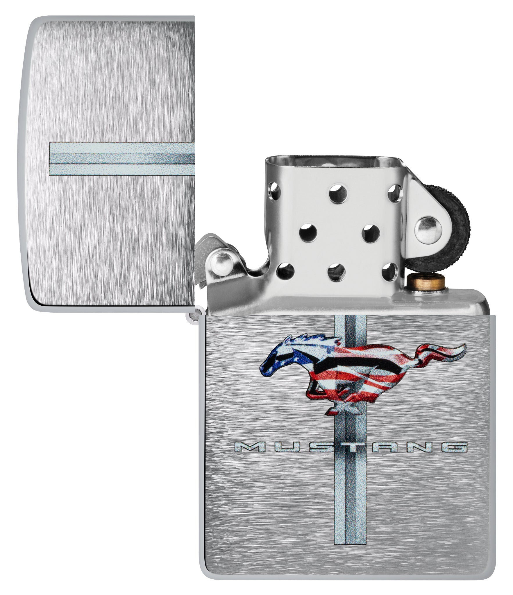 Zippo Ford Mustang Design Brushed Chrome Windproof Lighter with its lid open and unlit.