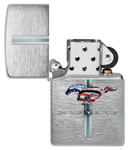 Zippo Ford Mustang Design Brushed Chrome Windproof Lighter with its lid open and unlit.