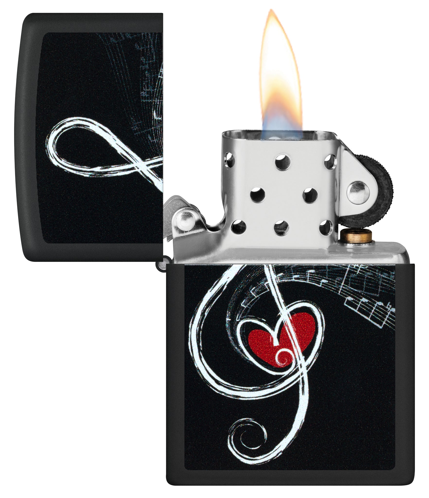 Zippo Love Clef Design Black Matte Windproof Lighter with its lid open and lit.