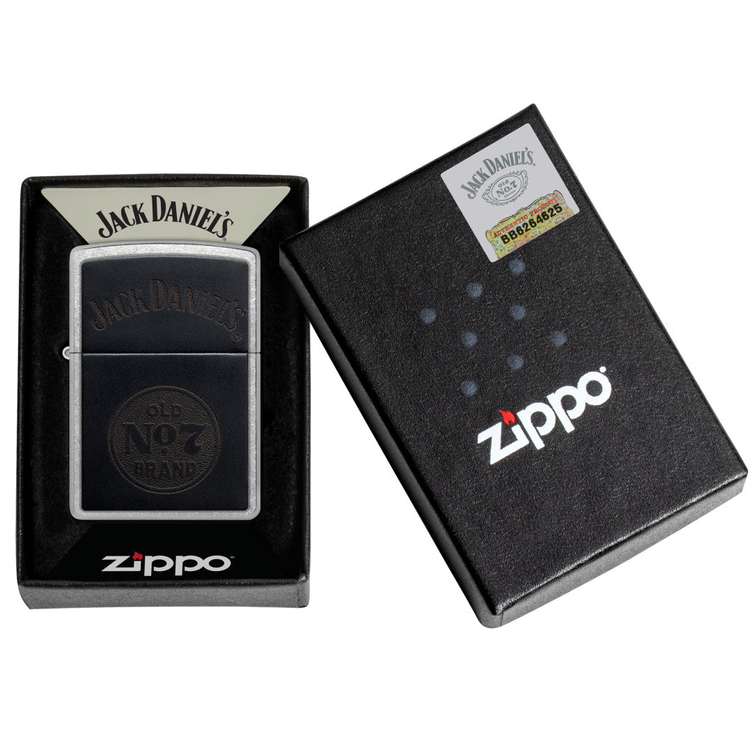 Zippo Jack Daniel's Old No. 7 Leather Emblem Street Chrome Windproof Lighter in its packaging.