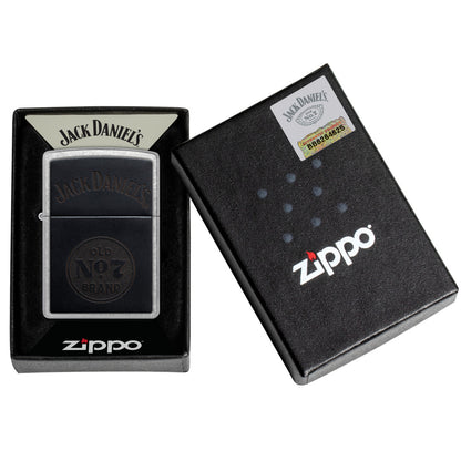 Zippo Jack Daniel's Old No. 7 Leather Emblem Street Chrome Windproof Lighter in its packaging.