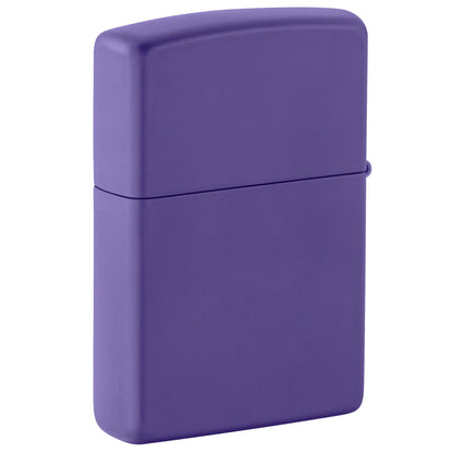 Back view of Zippo Beam Me Up Design Purple Matte Windproof Lighter standing at a 3/4 angle.