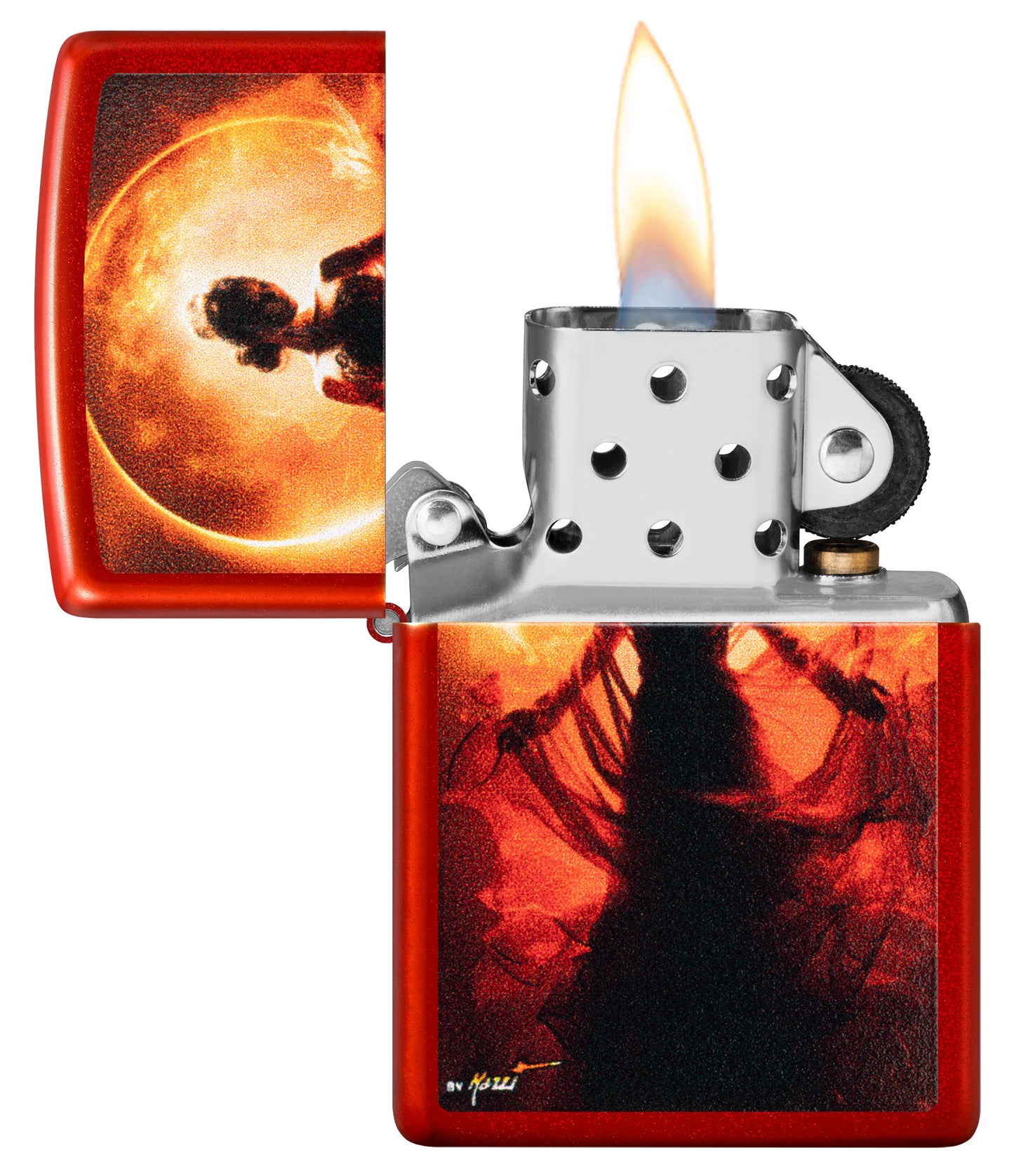 Zippo Mazzi® Woman Silhouette Metallic Red Windproof Lighter with its lid open and lit.