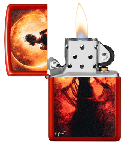 Zippo Mazzi® Woman Silhouette Metallic Red Windproof Lighter with its lid open and lit.