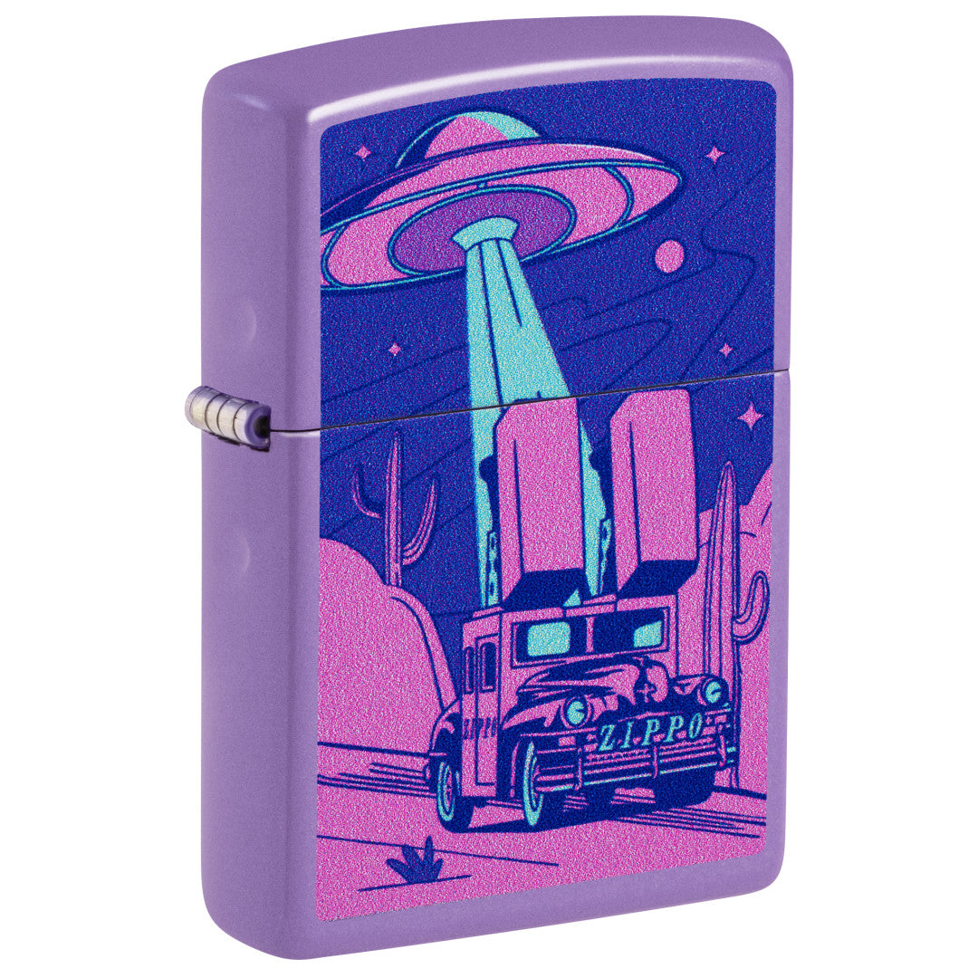 Front shot of Zippo Car Chase Design Smoky Lavender Windproof Lighter standing at a 3/4 angle.