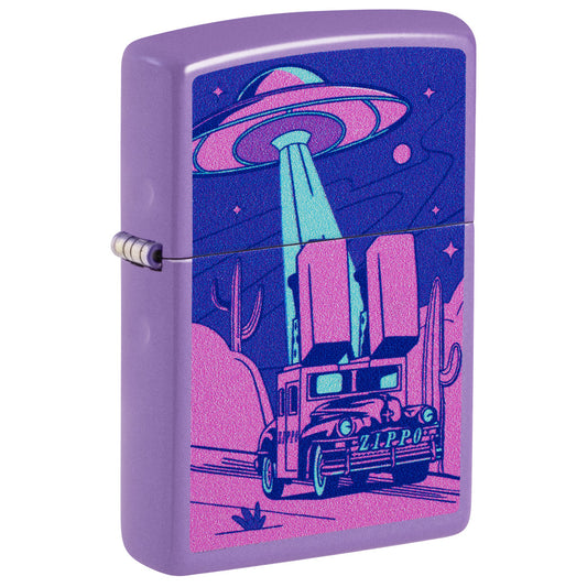 Front shot of Zippo Car Chase Design Smoky Lavender Windproof Lighter standing at a 3/4 angle.