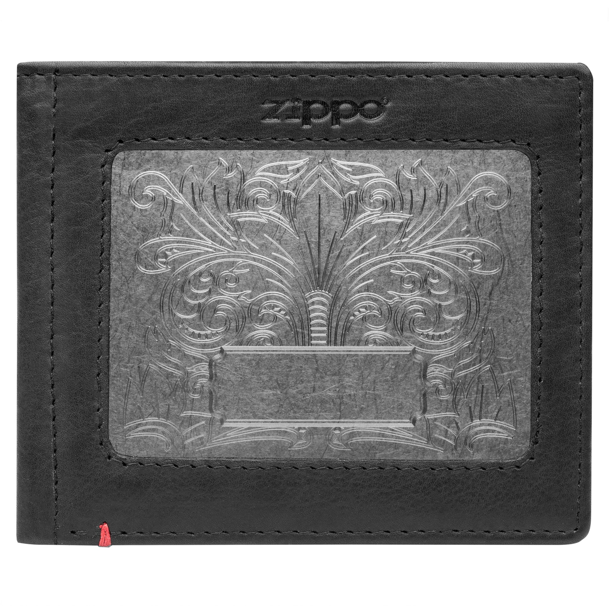 Front of black Leather Wallet With Fandango Metal Plate Design - ID Window