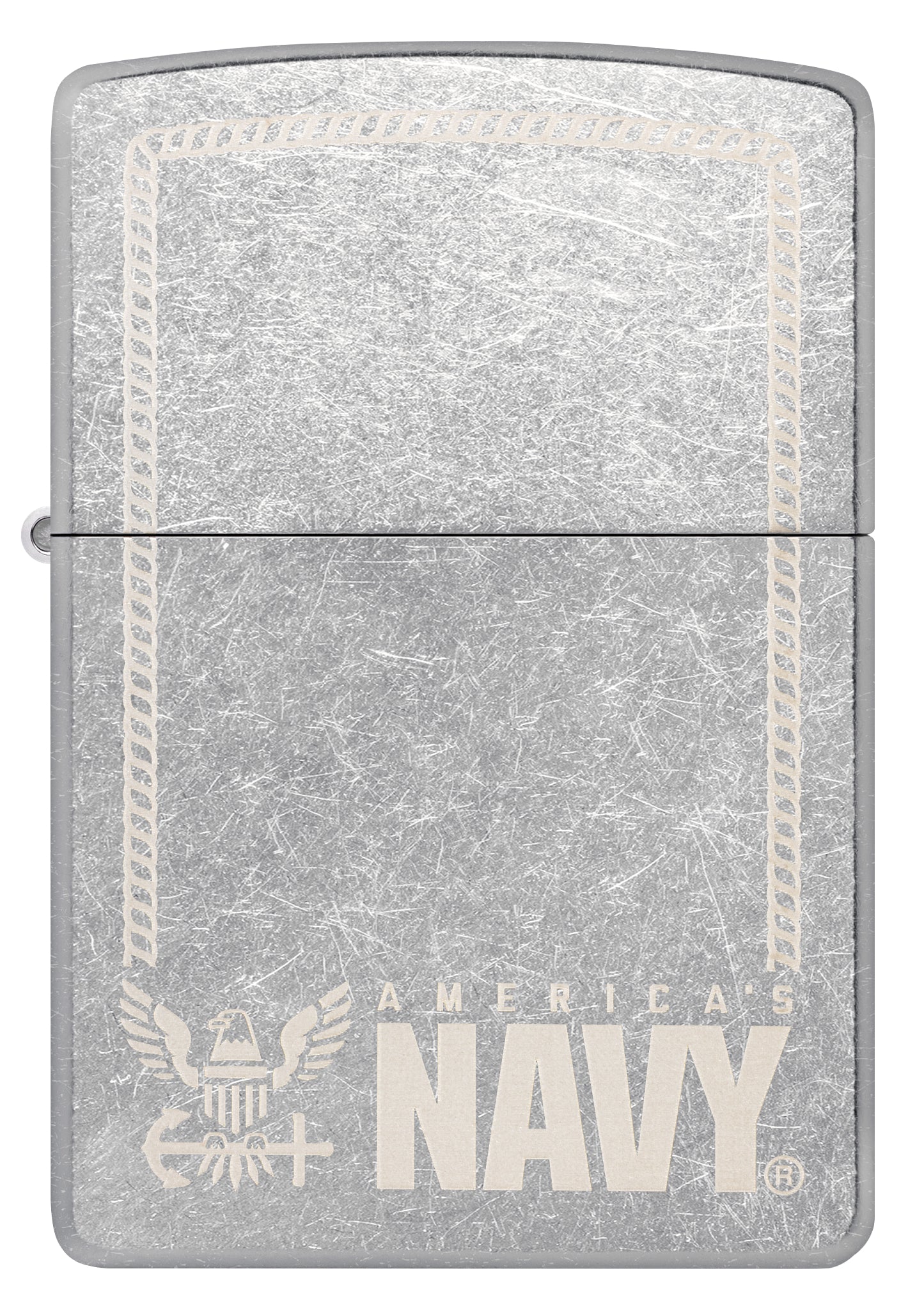 Front view of Zippo United States Navy® America's Navy Design Street Chrome Windproof Lighter.