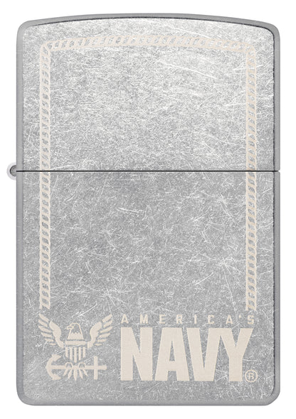 Front view of Zippo United States Navy® America's Navy Design Street Chrome Windproof Lighter.